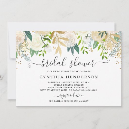 Ivory Greenery Gold Bloom Bloral Brautparty Einladung (Vorderseite)