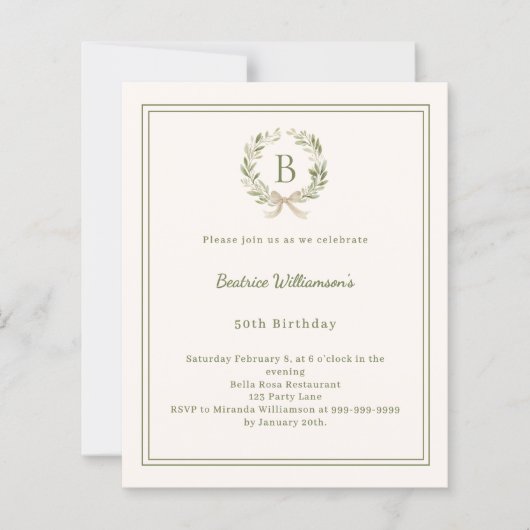 Ivory greenery wreath monogram Birthday invitation (Vorderseite)