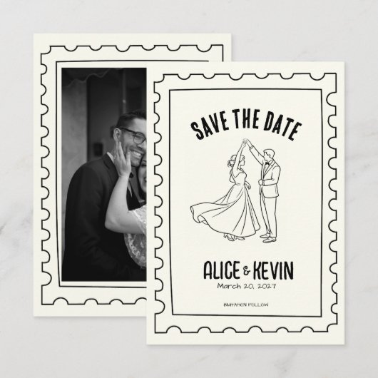 Ivory Hand Drawn Illustration Wedding Minimalist   Save The Date (Vorne/Hinten)