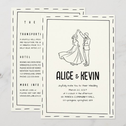 Ivory Illustration Doodle Minimalist QR Wedding  Einladung (Vorne/Hinten)