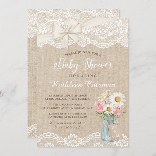 Ivory Lace Burlap Floral Mason Jar Baby Shower Einladung (Vorne/Hinten)