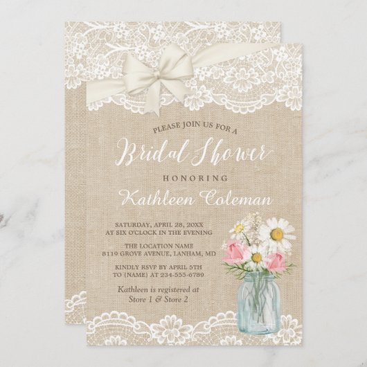 Ivory Lace Burlap Mason Jar Floral Brautparty Einladung (Vorne/Hinten)