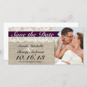 Ivory Lace & Burlap Vintag Save the Date - Pflaume (Vorne/Hinten)