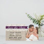 Ivory Lace & Burlap Vintag Save the Date - Pflaume (Stehend Vorderseite)