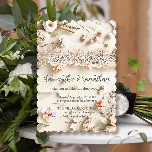 Ivory Lace Floral Photo Romantic Spring Wedding Einladung