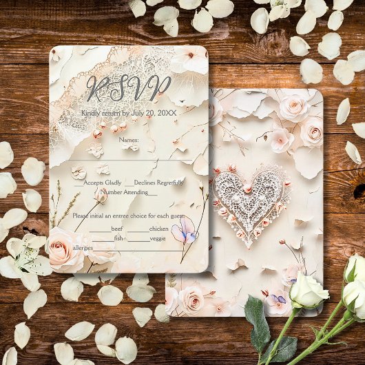 Ivory Lace Heart Floral Romantic Spring Wedding RSVP Karte