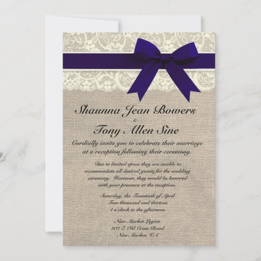 Ivory Lace Navy Blue Burlap Wedding Reception Einladung (Vorderseite)