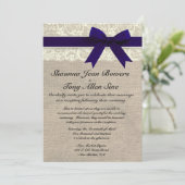 Ivory Lace Navy Blue Burlap Wedding Reception Einladung (Stehend Vorderseite)