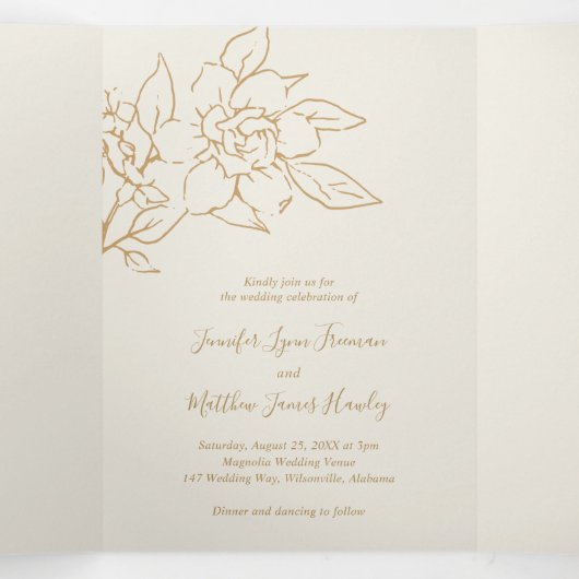 Ivory Line Art Floral Dreifach Gefaltete Einladung (Innenseite Mitte)