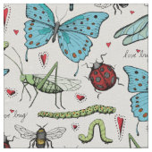 Ivory Linen Liebe Bug Insect Illustration Muster Stoff (Nahaufnahme)