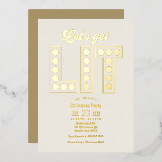 Ivory Luxe Let's Get Lit Retro Christmas Party Folieneinladung (Vorderseite/Rückseite)