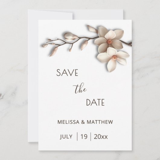 Ivory Magnolia 3D Flowers Save The Date (Vorderseite)