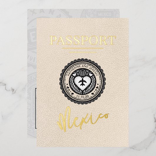 Ivory Mexico Passport Hochzeit Folieneinladung (Vorderseite/Rückseite)