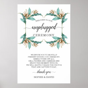 Ivory Mint Floral Unplugged Wedding Zeremony Sign Poster