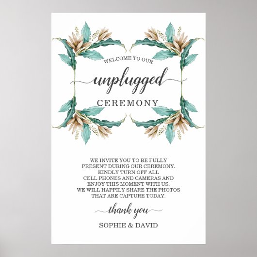 Ivory Mint Floral Unplugged Wedding Zeremony Sign Poster (Vorne)