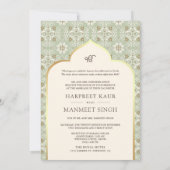 Ivory Mint Green Pattern Anand Karaj Sikh Wedding Einladung (Rückseite)