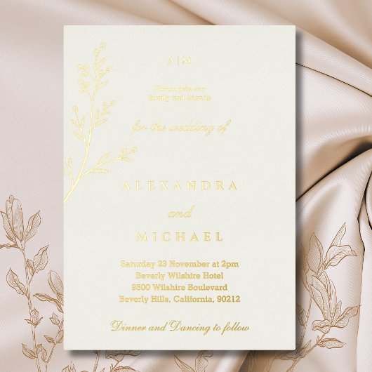 Ivory Monogram Botanical Minimalist Gold Folieneinladung