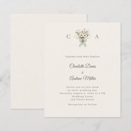 Ivory monogrammed floral green wedding invitation (Vorne/Hinten)