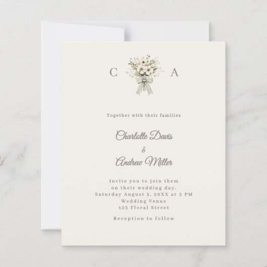 Ivory monogrammed floral green wedding invitation (Vorderseite)