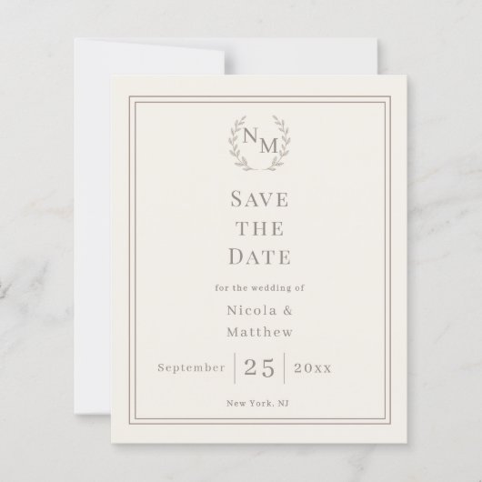 Ivory monogrammed wreath wedding Save the Date  (Vorderseite)