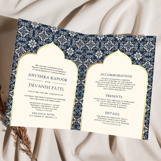 Ivory Navy Blue Pattern All in One Indian Wedding Einladung