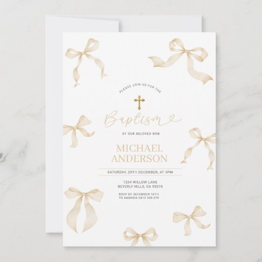 Ivory Neutral Bow Christening Invitation Einladung (Vorderseite)