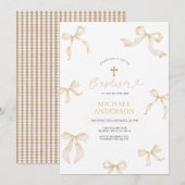 Ivory Neutral Bow Christening Invitation Einladung (Vorne/Hinten)