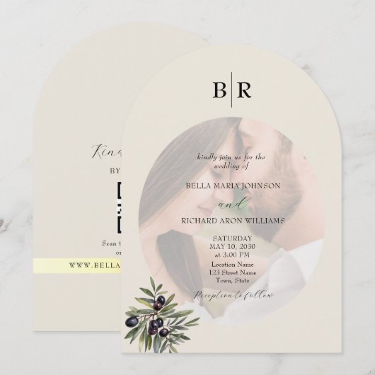 Ivory Olive Arched Photo Monogram Wedding Einladung (Vorne/Hinten)