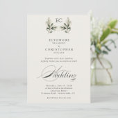 Ivory Olive Branch Monogram Photo Wedding  Einladung (Stehend Vorderseite)