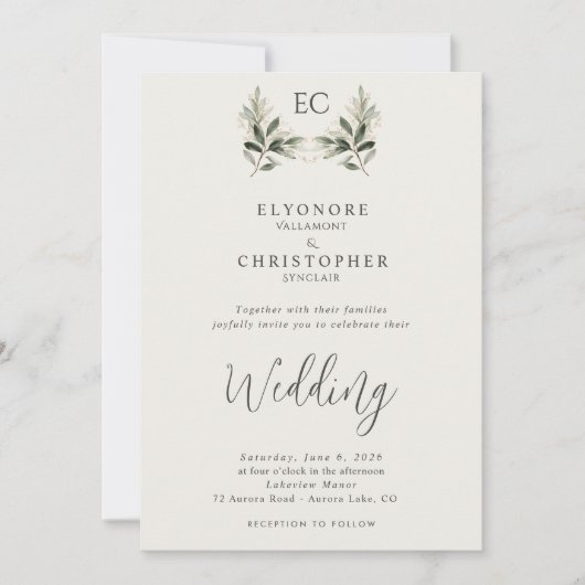 Ivory Olive Branch Monogram Photo Wedding Einladung (Vorderseite)