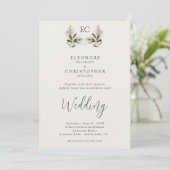 Ivory Olive Branch Monogram Photo Wedding  Einladung (Stehend Vorderseite)