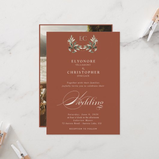 Ivory Olive Branch Monogram Photo Wedding  Einladung (Vorderseite/Rückseite Beispiel)