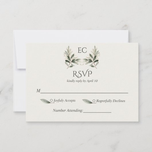 Ivory Olive Branch Monogram Wedding RSVP Karte (Vorderseite)