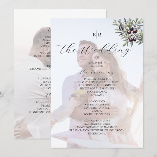 Ivory Olive Monogram Photo Wedding Program Programm (Vorne/Hinten)