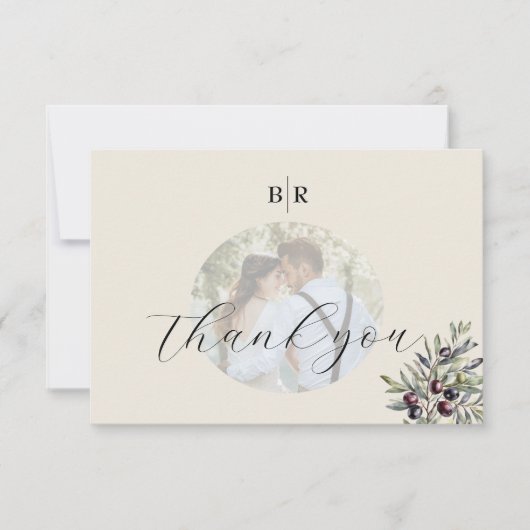 Ivory Olive Photo Monogram Wedding Dankeskarte (Vorderseite)