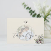 Ivory Olive Photo Monogram Wedding Dankeskarte (Stehend Vorderseite)