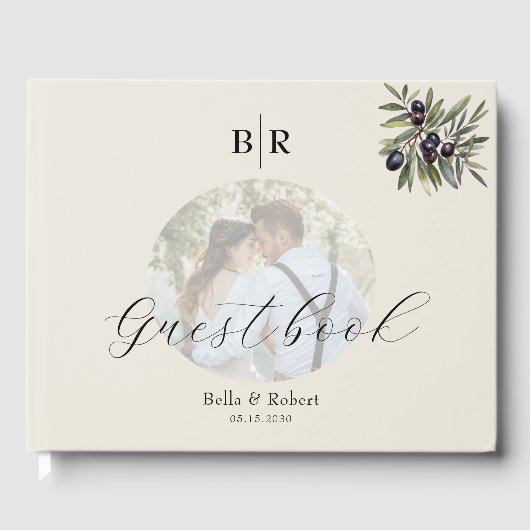 Ivory Olive Photo Monogram Wedding Gästebuch (Vorderseite)