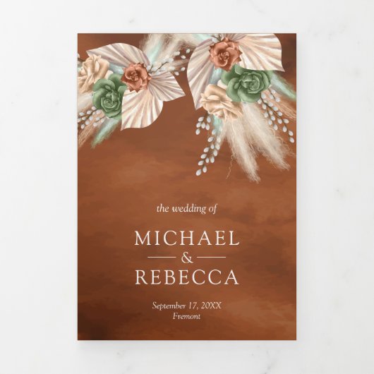 Ivory Palm Earthy Floral Pampas Terracotta Wedding Dreifach Gefaltete Einladung (Cover)