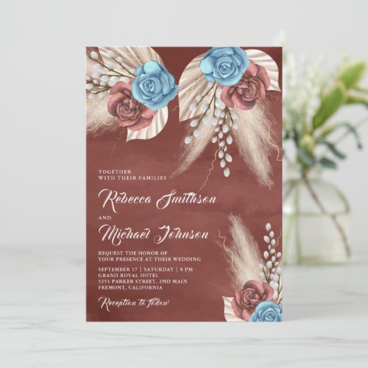Ivory Palm Pampas Cinnamon Rose Hochzeit Einladung (Stehend Vorderseite)