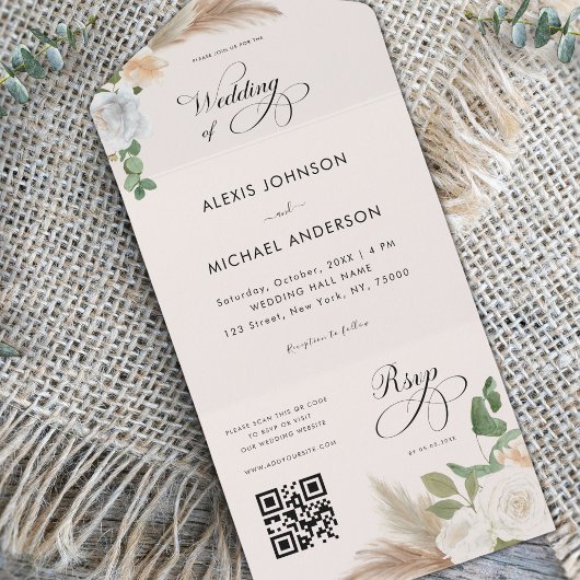 Ivory Pampas Grass Rose & Elegante Script Wedding All In One Einladung