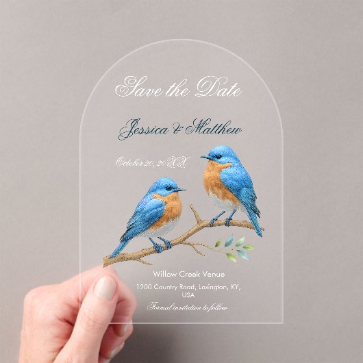 Ivory Pastel Lovebirds Romantische Bluebirds Hochz Acryleinladungen (Insitu (Handheld))