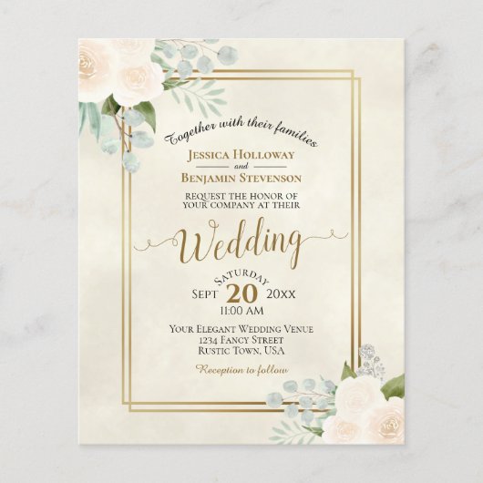 Ivory Peach Rose Chic BUDGET Hochzeit Einladung (Vorderseite)
