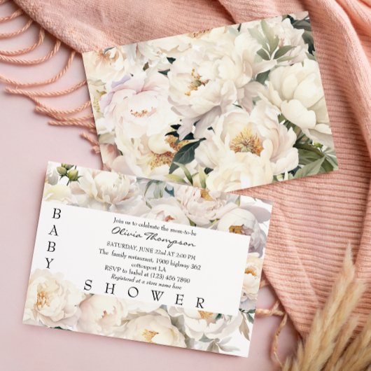 Ivory Peony Floral Neutral Baby Shower Einladung