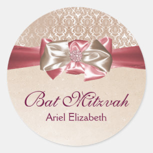 Ivory Pink Damask Bat Mitzvah Label Runder Aufkleber