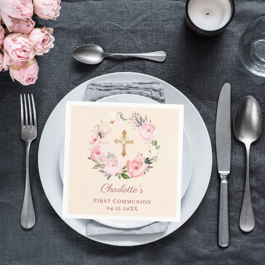 Ivory pink floral wreath First Communion luncheon Serviette