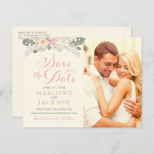 Ivory Pink Gold Floral Boho Foto Save the Date Ankündigungspostkarte
