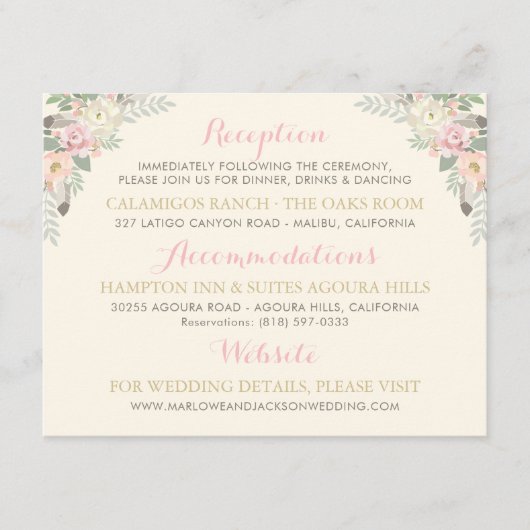 Ivory Pink Gold Floral Boho Hochzeitsinformationen Begleitkarte (Vorderseite)