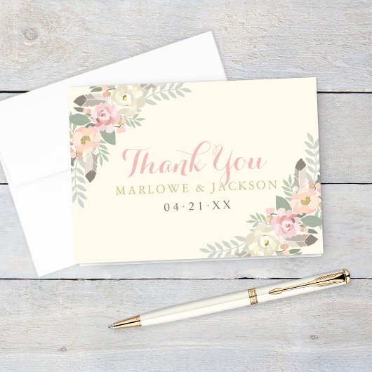 Ivory Pink Gold Floral Boho Wedding Monogram Dankeskarte