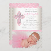 Ivory Pink Lace Diamond Cross Foto Taufe Einladung (Vorne/Hinten)