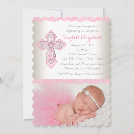 Ivory Pink Lace Diamond Cross Foto Taufe Einladung (Vorderseite)